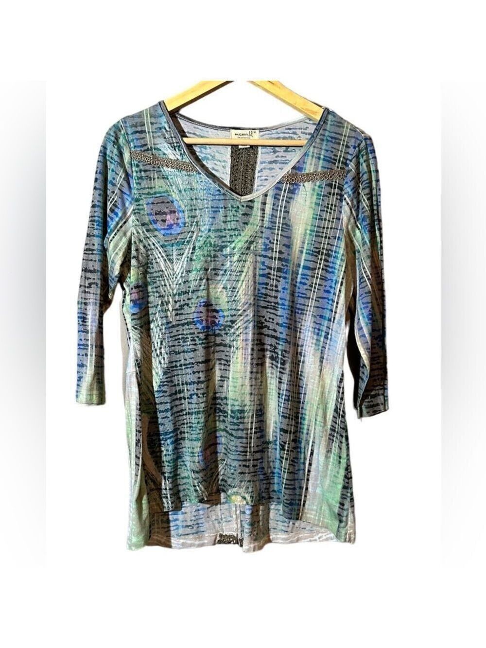 One World Sublimation Top 3/4 Sleeve Peacock Feather Print Size Medium